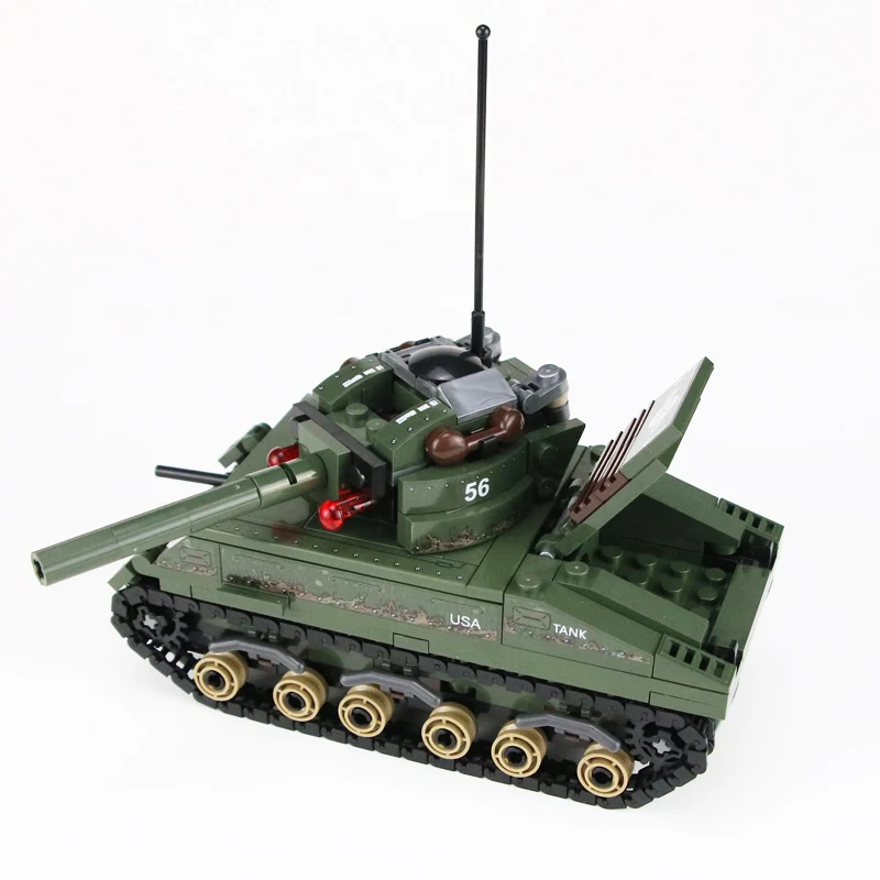  WW2 Military US Sherman M4 Tank Model Building Blocks US Army Soldiers Figures Helmet Weapons Brick