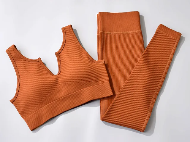 BURGUNDY 2 Piece Set Ribbed Seamless Outfits Yoga Leggings Fitness Wear Womens Sports Bra Gym Pants Workouts Scoop Notch CARAMEL Brown notch