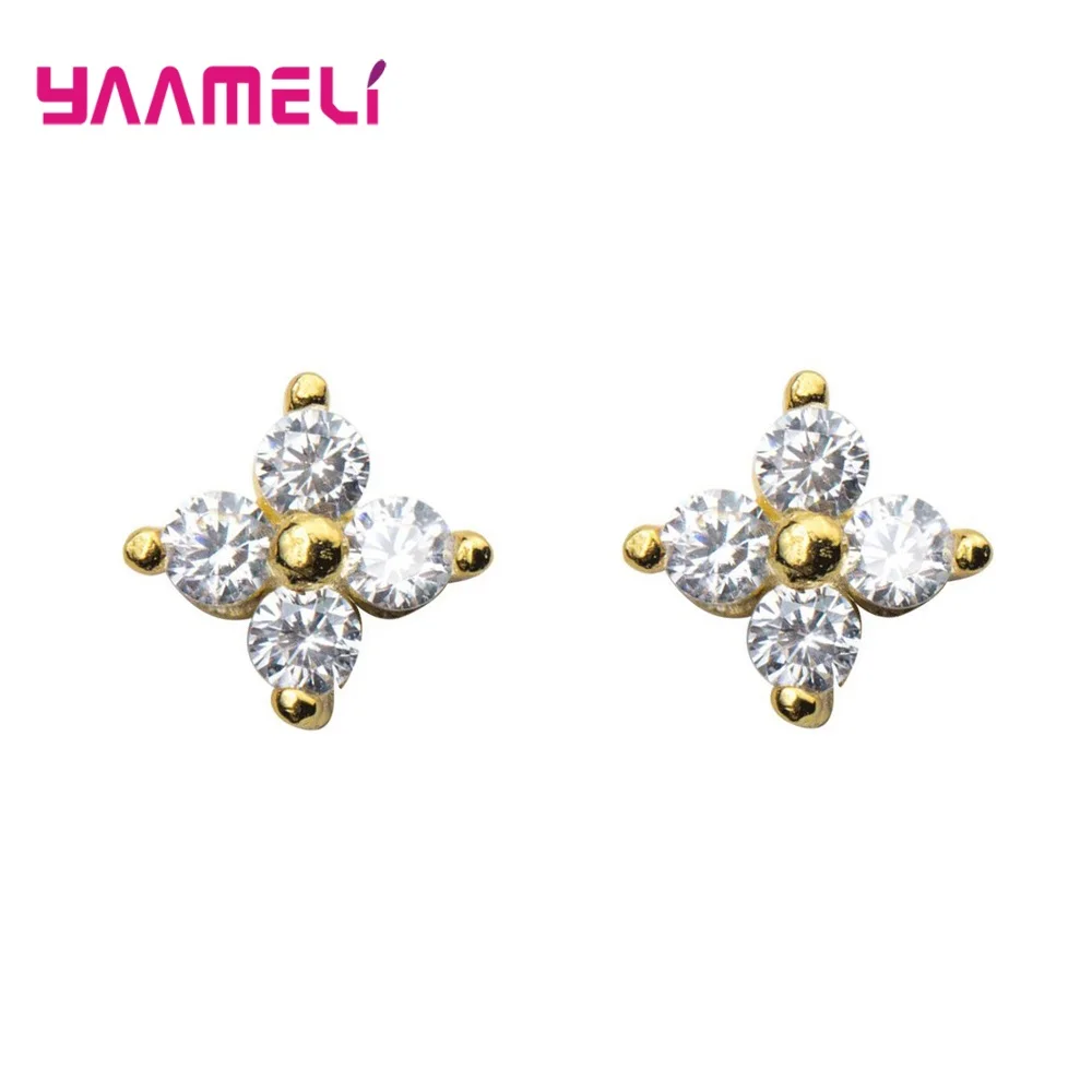 

Boutique 925 Sterling Silver Fashion Small Flower Cubic Zirconia Stud Earrings For Woman Gold Color Earrings Female Jewelry