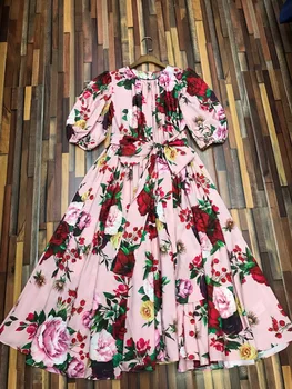 

Fashionable Women O-neck Foral Prints Big Bottom Dress Stylish Chiffon Dress