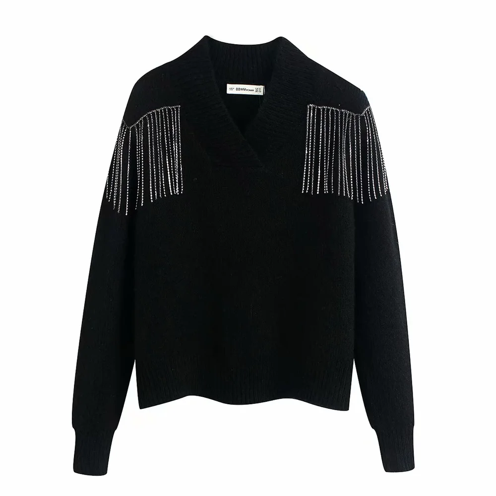 women's new long sleeve V-neck blend fabric in autumn with Beaded tassel and embroidered rib trim knitwear sweater | Женская одежда