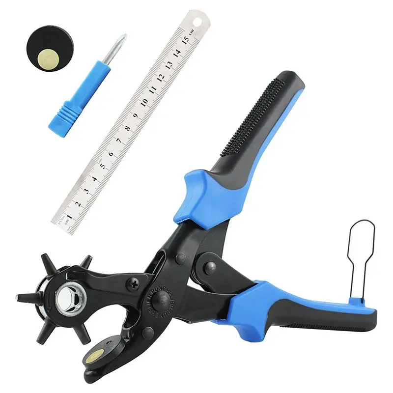 

Leather Hole Punch, Heavy Duty Revolving Punch Plier Tool with 2 Extra Punch Plates and Ruler, Multi Sized Puncher for Belts, Cr