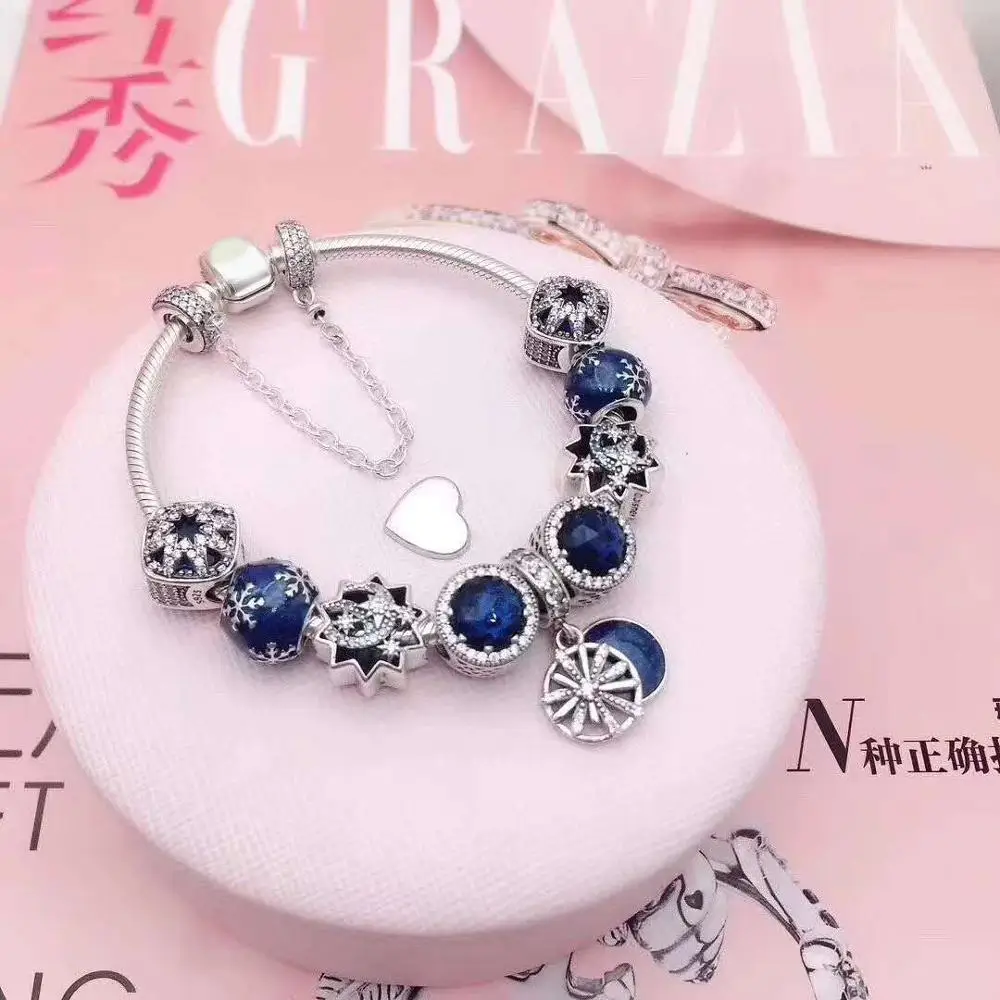 

Kaliyah Shop Quality 1:1 100% 925 Sterling Silver Deep Blue Star Moon Bracelet Gift First Choice Free Of Charge