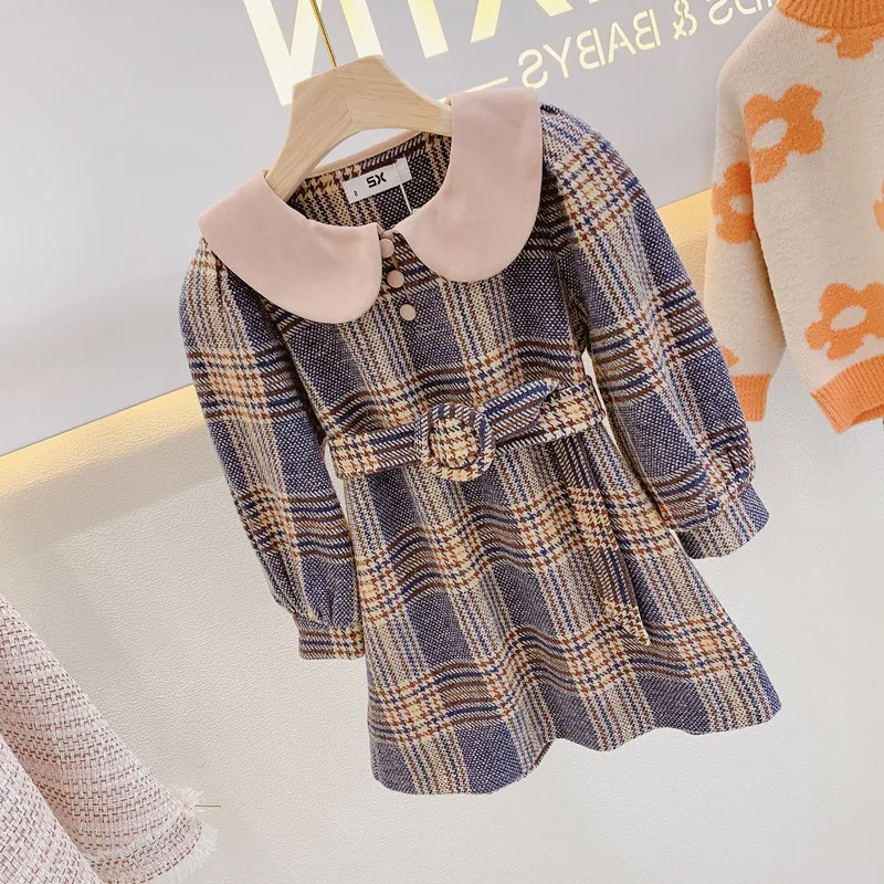 

2019 Autumn New Arrival Girls Fashion Plaid Dress Kids Princess Long Sleeve Dress with Belt Girls Winter Dress