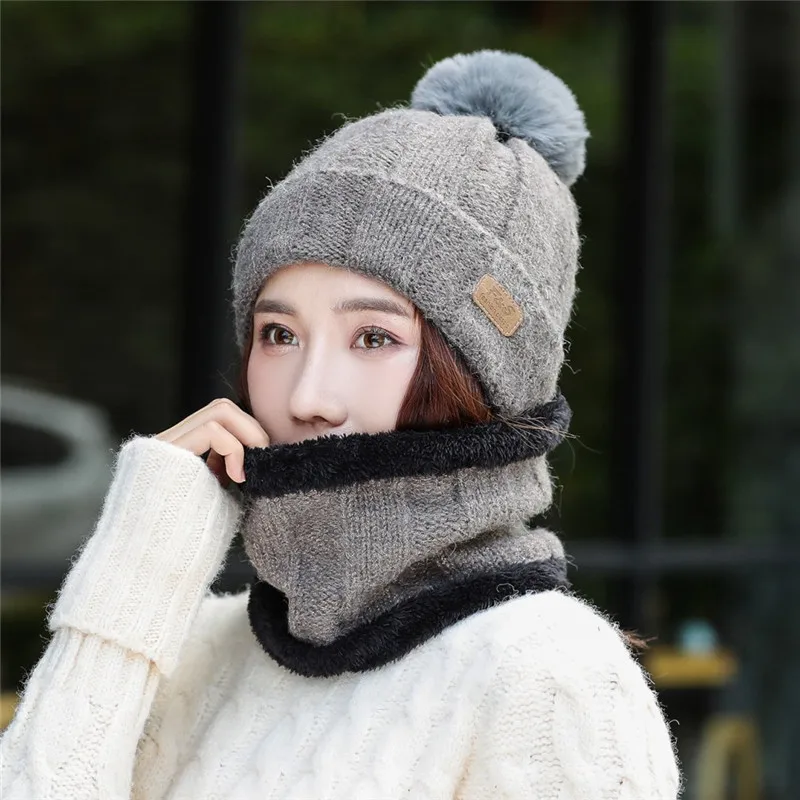 grey hat scarf Вязаная шерстяная теплая шапка и шарф набор для женщин из двух частей плюшевая шапка шейный платок наборы Зимний воротник шарфы и шапки - Цвет: grey hat scarf