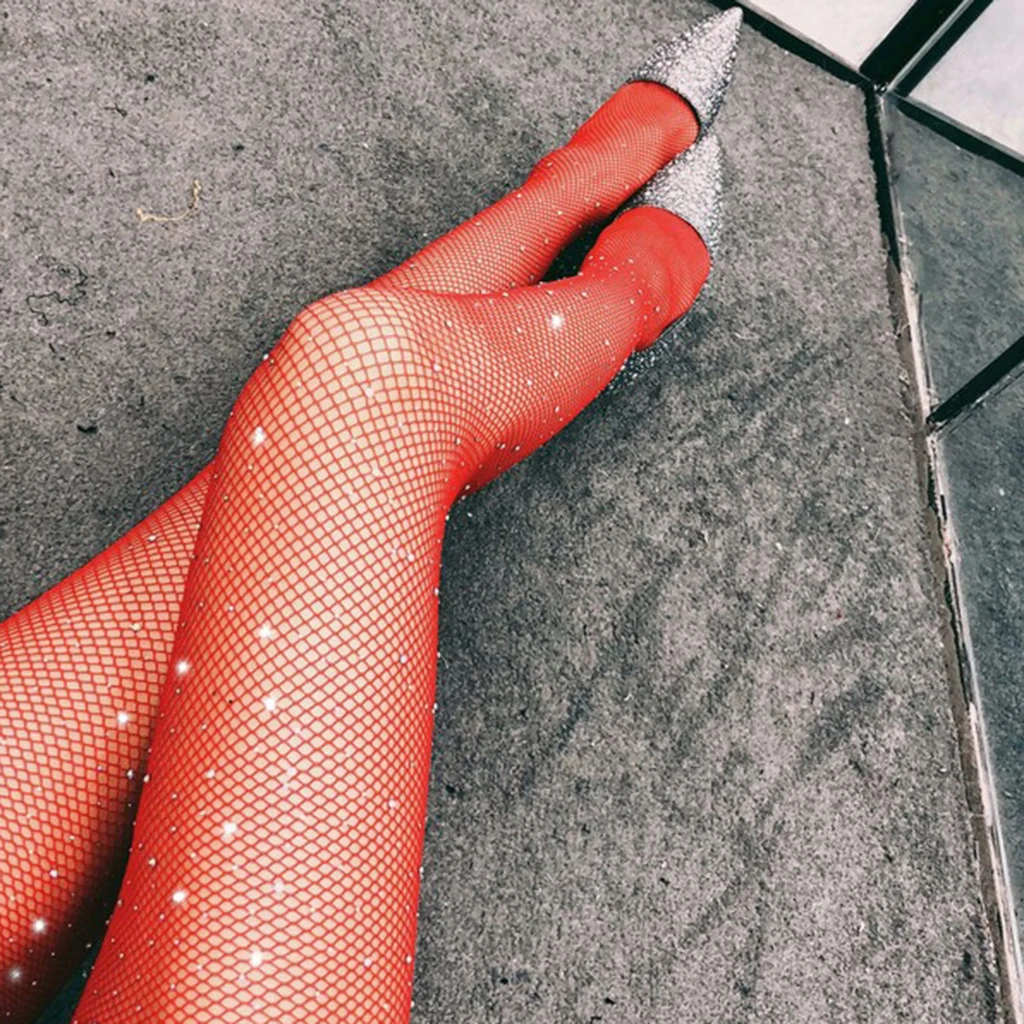 Women Crystal Rhinestone Fishnet Net Mesh Socks Stockings Tights Pantyhose   