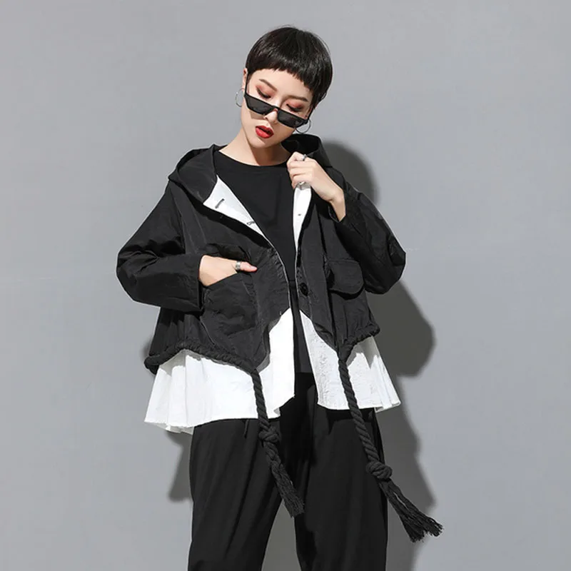 

Black Cold Wind Hooded Jacket Women Korean Fashion New False 2 Piece Patchwork Drawstring Pocket 2019 Autumn Loose 99005