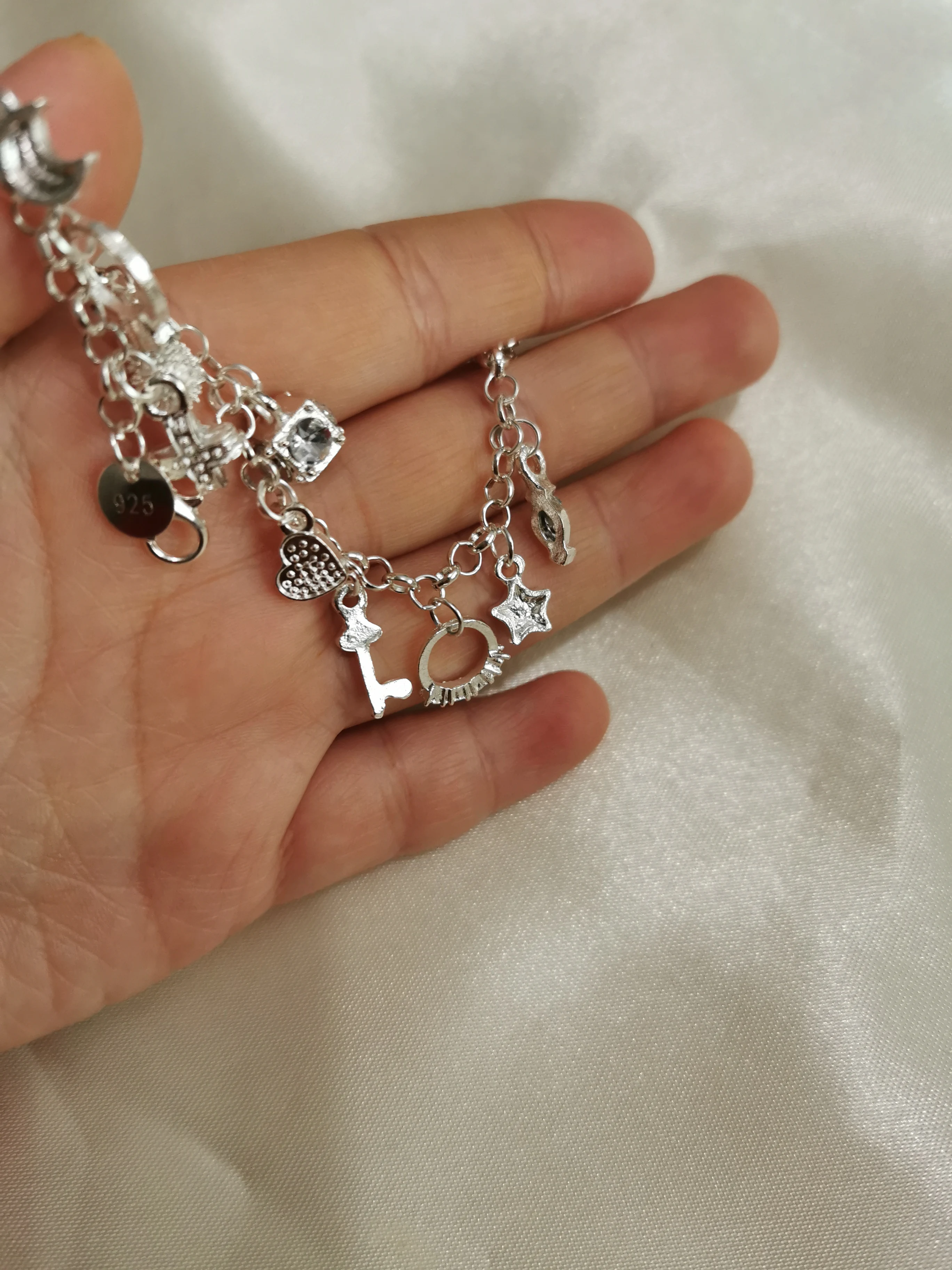 Silver Color Plated Bracelet Moon Heart Lock Cross Charm Bracelet 13 Pendants Bracelet Jewelry