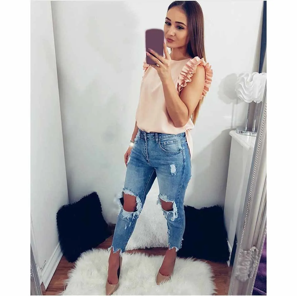 Tide Vogue Pop Tide красивые летние модные женские повседневные блузки с круглым вырезом без рукавов с оборками рубашки сексуальные тонкие однотонные топы с оборками