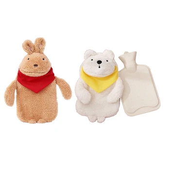

2 Pcs Rubber Hot Water Bag Hand Warmer Warming Bottle Feet Warm Plush Fabric Winter Warming - White Bear & Brown Rabbit