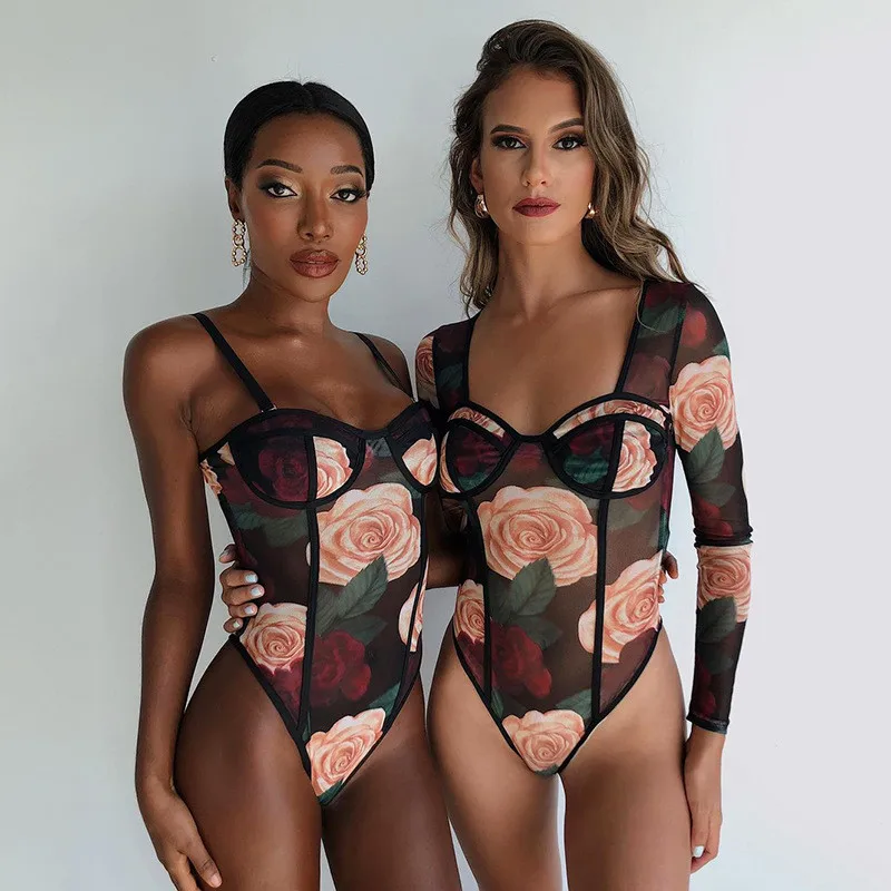 CNYISHE Fashion Floral Mesh Sheer Long Sleeve Bodysuits Women Rompers Party Sexy Slim Teddy One Piece Jumpsuit Female Overalls corset bodysuit