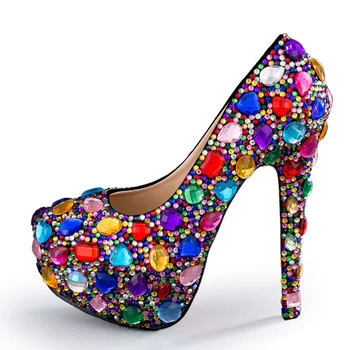 

Womens Round Toe Crsytal Diamond Rainbow Colors Platform Stilettos High 14CM Heel Shoes Wedding Party Genuine Leather