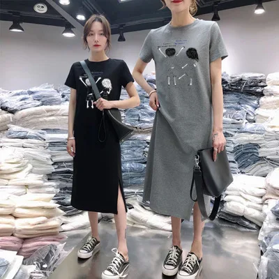 

2019 Summer New Style Casual Straight-Cut Dress Straight-Fit Short Sleeve Women's Slim Fit Slimming Versatile Mid-length T-shirt