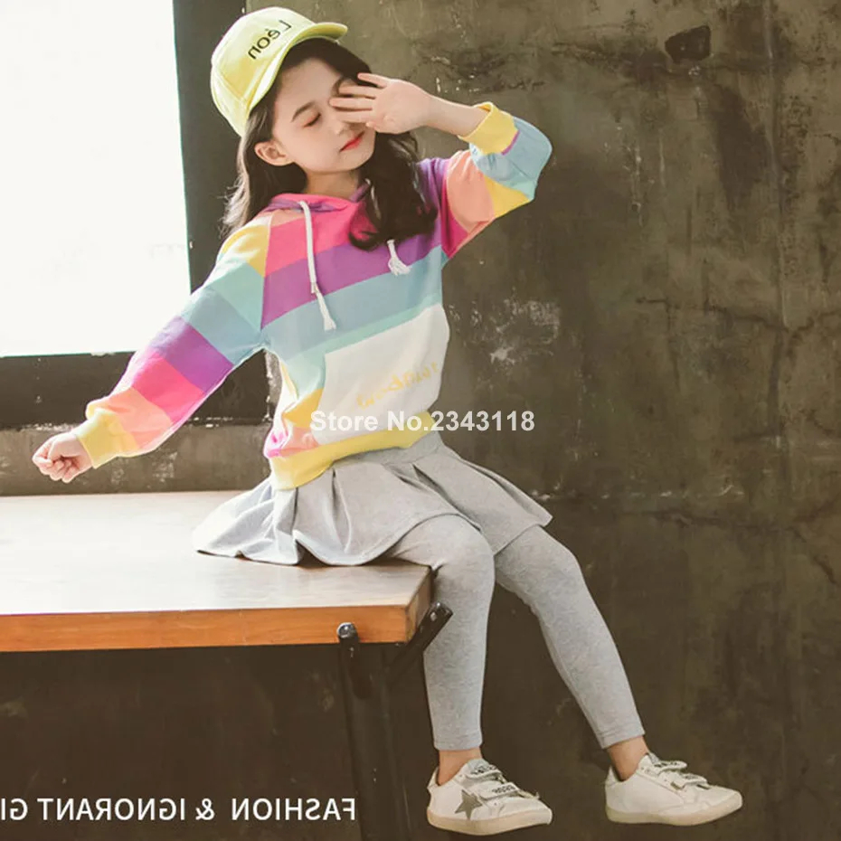 

Girls Sport Clothes Striped Pattern Hoodies + Cake Pants 2pcs Kids Clothes Girls Rainbow Color Kids Clothes For Girls 10 12 14