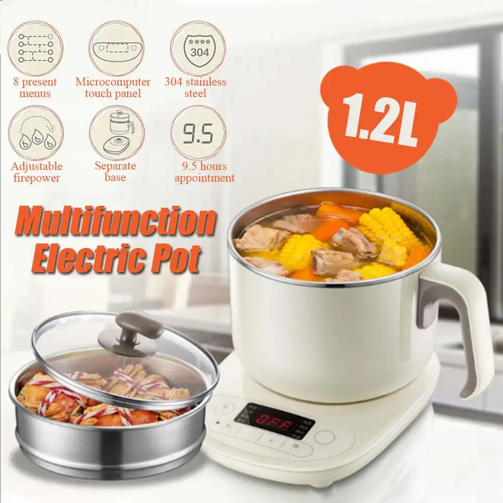 

1.2L 2 Layers Electric Cooker Hot Pot Student Stainless Steel Multi Cookers Glass Cover Firepower Adjustable with Touching Panel