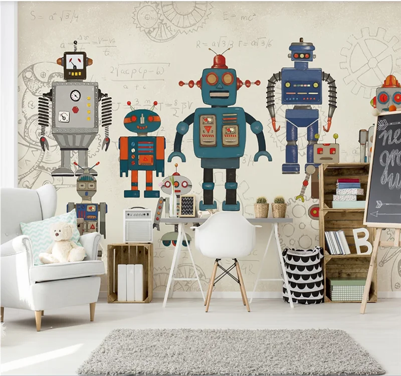 

Custom 3D wallpaper mural Nordic modern minimalist hand-painted cartoon robot children's interior decoration painting