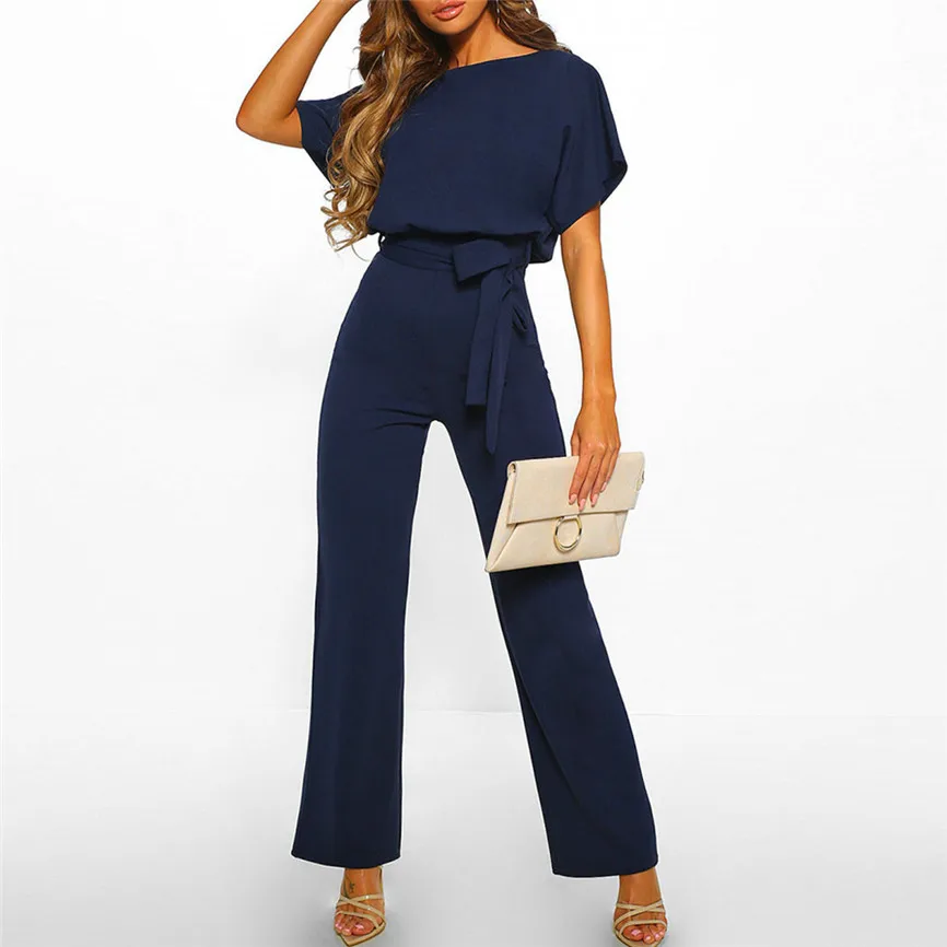 New Arrival Solid Color OL Bodysuit Women Summer Casual Short Sleeve Playsuit Clubwear Straight Leg Jumpsuit With Belt | Женская одежда