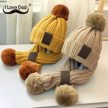 

2 Pcs/Set Baby Hat Scarf Set Pompom Children Girl Boy Winter Hat For Kids Warm Knitted Solid Color Toddler Beanie Cap