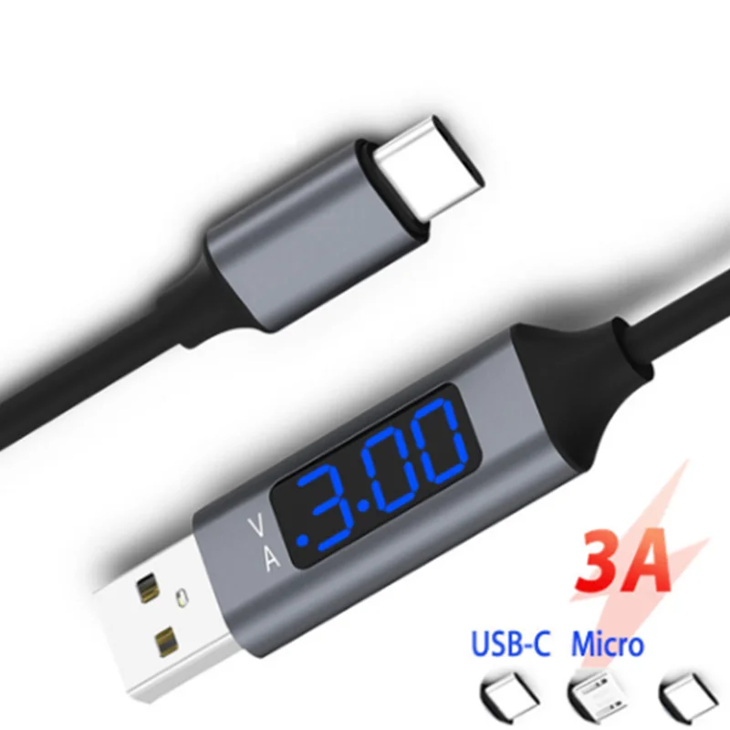 Светодиодный кабель Micro Usb для быстрой зарядки QC 3,0, кабель usb type C, отображение напряжения и тока, кабель USB C для синхронизации данных для Xiaomi samsung