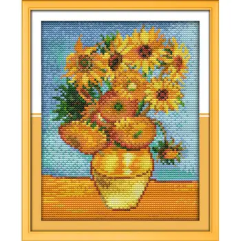 

Joy Sunday Van Gogh's Sunflower Painting Cross Stitch Kits DIY Cross Stitch DMC Chinese Cross Stitch Needlework Sets Home Decor