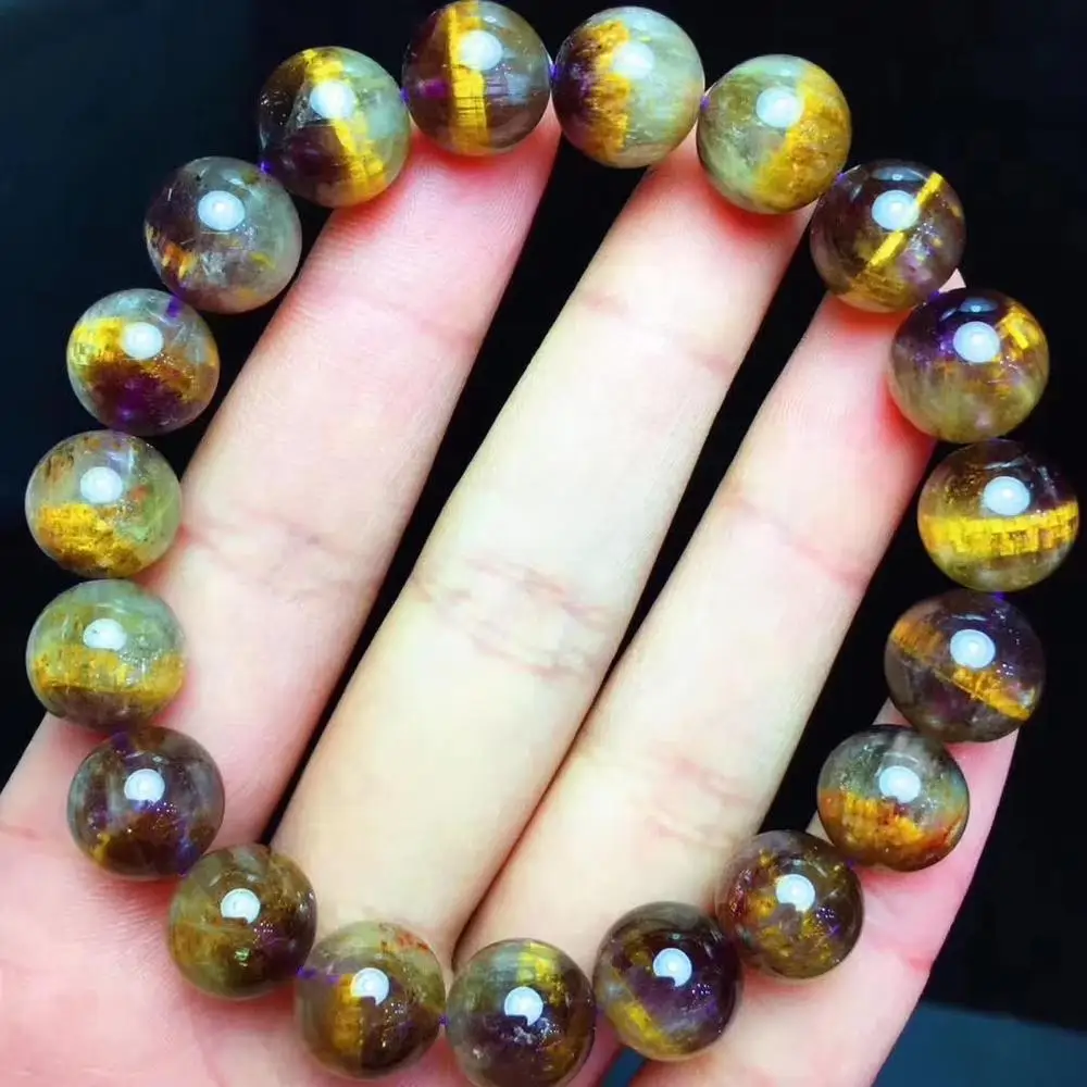 

10.5mm Natural Purple Rutilated Quartz Crystal Bracelet For Woman Lady Man Energy Round Beads Gemstone Stretch Jewelry AAAAA