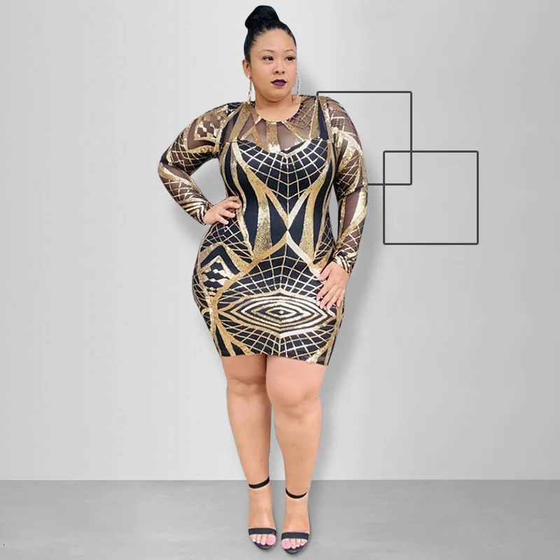 

Plus Size 4XL 5XL Sexy Club Party Sequined Bodycon Mini Dresses Long Sleeve O Neck Geometric Dress Night Skinny Vestidos 2020