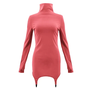 

2020 Women's High Collar Fluorescent long Sleeve Dress Knitted Fabric Skinny Bag Hip High Waist Party Sexy Dress