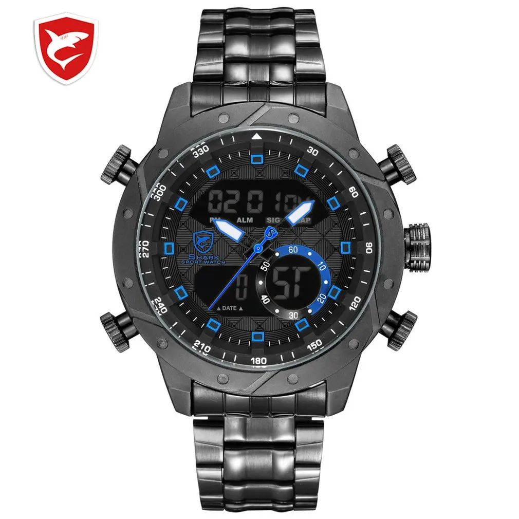 

SHARK Luxury Brand Men Military Sport Watch Men Quartz Hour Alarm LCD Analog Digital Watch Male Black Steel Strap Clock /SH591