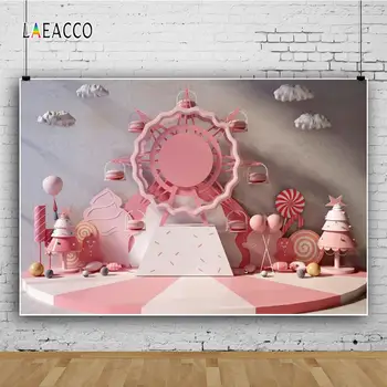 

Laeacco Cartoon Interior Scene Ferris Wheel Macaron Candy Balloon Clouds Baby Birthday Photography Backgrounds For Photo Studio