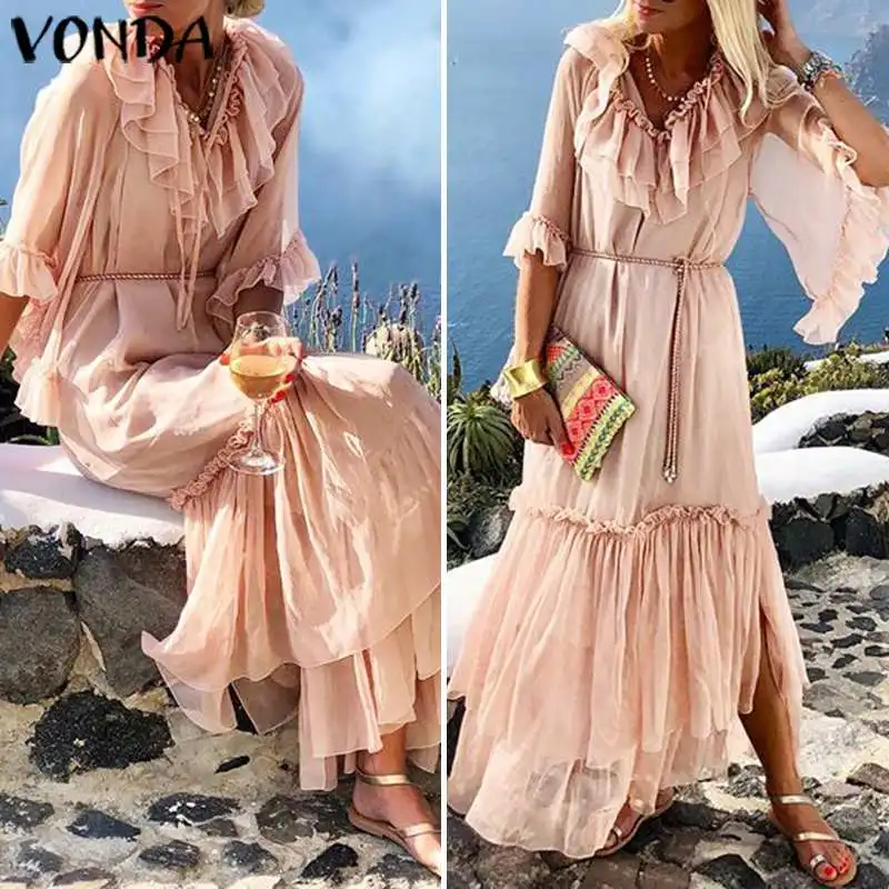 VONDA, женское длинное платье макси, осень, сексуальные платья с оборками, сплошной цвет, сарафан, богемное женское платье, вечернее платье, Vestidos