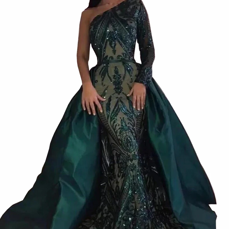 Lange Mouwen Saudi Arabische Green Lace Avondjurken 2020 Party Jurk Met Afneembare Rok