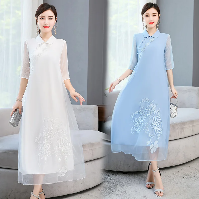 

Chinese-style Embroidered Improved Cheongsam Version Dress 2019 Summer Wear New Style Ethnic-Style Zen Chinese Style Chinese Clo