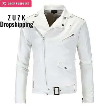 

DropshippingNew Style Motorcycle Leather Jacket Men Brand Fashion Hem Belt PU White Leather Jacket Men Outwear Coat