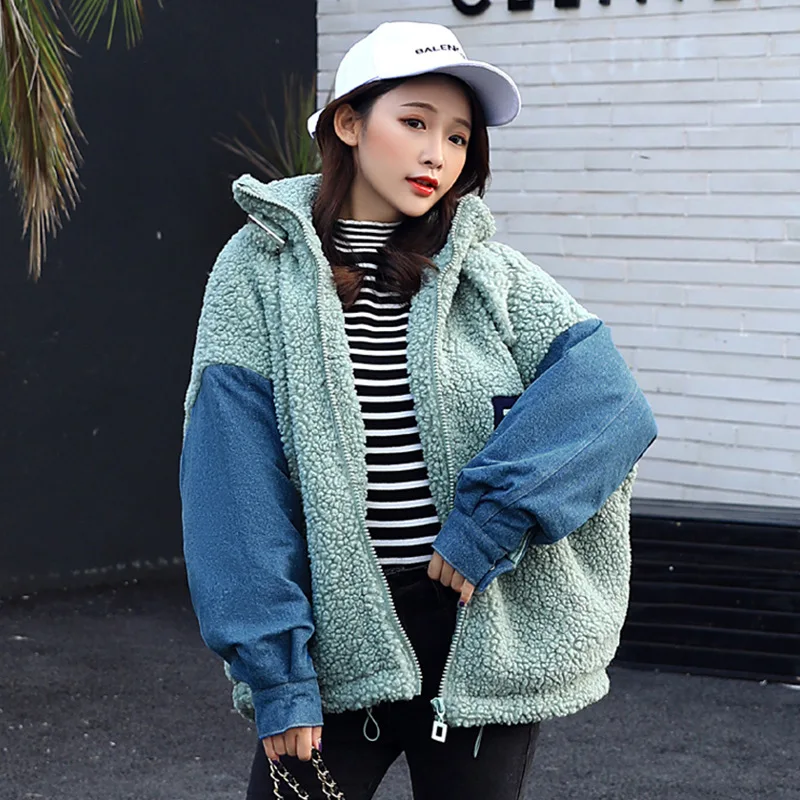 

2019 Winter Korean-style New Style Loose-Fit down Jacket Women's Stand Collar Cowboy Joint Short ke li rong Berber Fleece Cotton