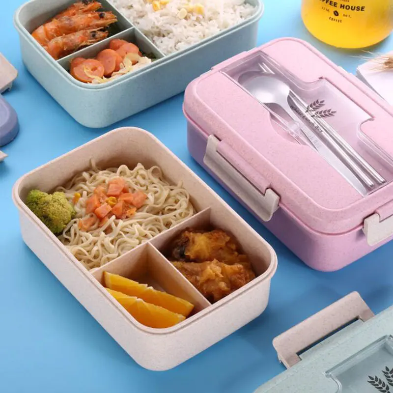 

Lunch Box Leakproof Wheat Eco-friendly Material High Capacity Rectangle Microwave Heated Bento Box Kid Food Container