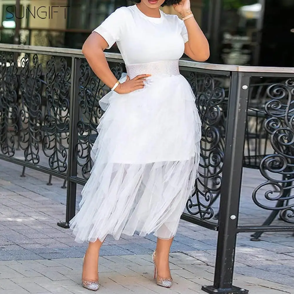 SUNGIFT Dashiki Women Mesh Midi Skirt Round Neck Short Sleeve Casual High Waist T-Shirt Skirt 2 Pieces 1 Set African Clothing