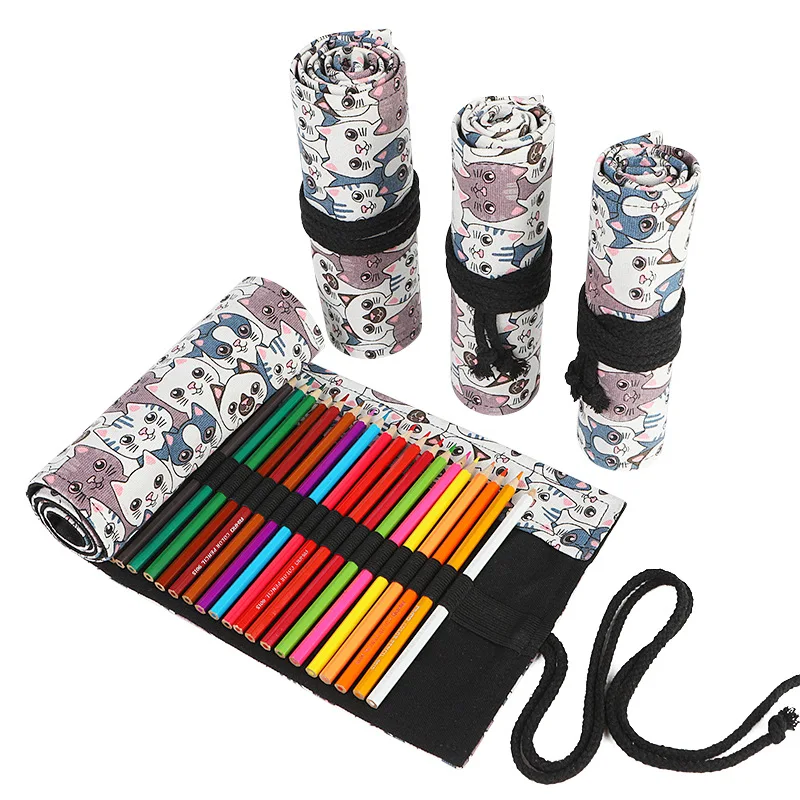 12/24/36/48/72 Holes Pencil Case School Canvas Roll Pouch Makeup Kawaii Cat Pen Bag Storage Pens Box Stationery Supplies Student