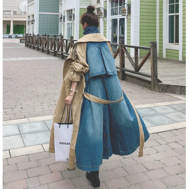 Sharezz 2020 Autumn New Trench Coat For Women Fashion Denim Patchwork Khaki Over Knee Overcoat Double breasted Long Windbreated|Плащи и