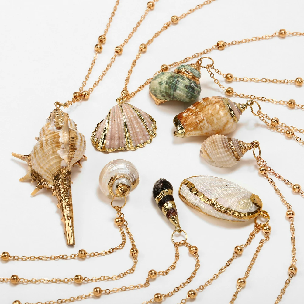 

Double Fair Summer Necklace For Women Conch Shells Pendant Long Necklace Light Gold Color Creative Retro Fashion Jewelry KAN104
