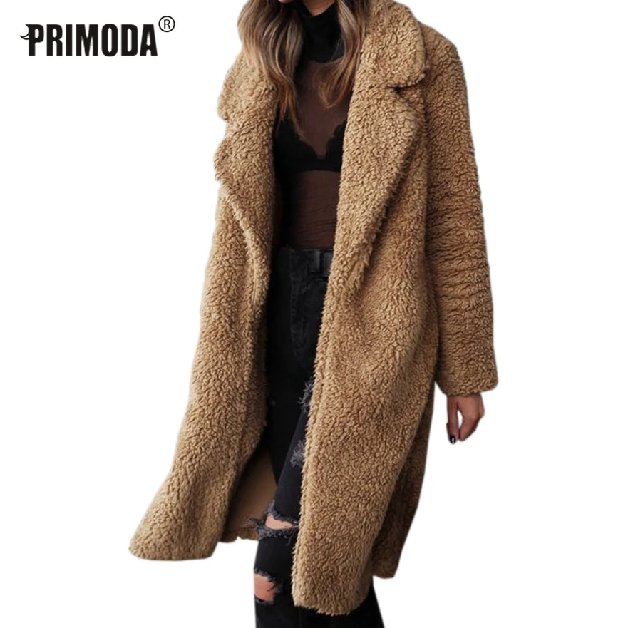 

Women Wool Blends Streetwear Long Cardigan Coats Fleece Jackets Winter Warm Teddy Coat Fuzzy Overcoats Plus Size Outwear PR166M