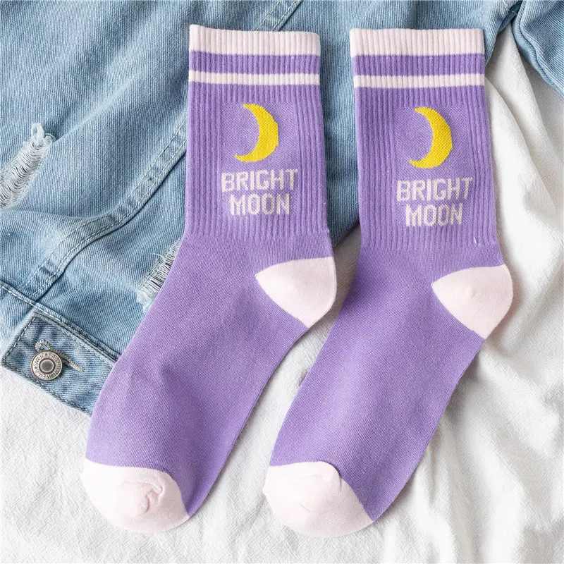 Purple Bright Moon INS/яркие носки с изображением Луны в Корейском стиле в стиле Харадзюку с забавными буквами; носки в стиле хип-хоп для скейтборда; спортивные носки; хипстерские летние носки - Цвет: Purple Bright Moon