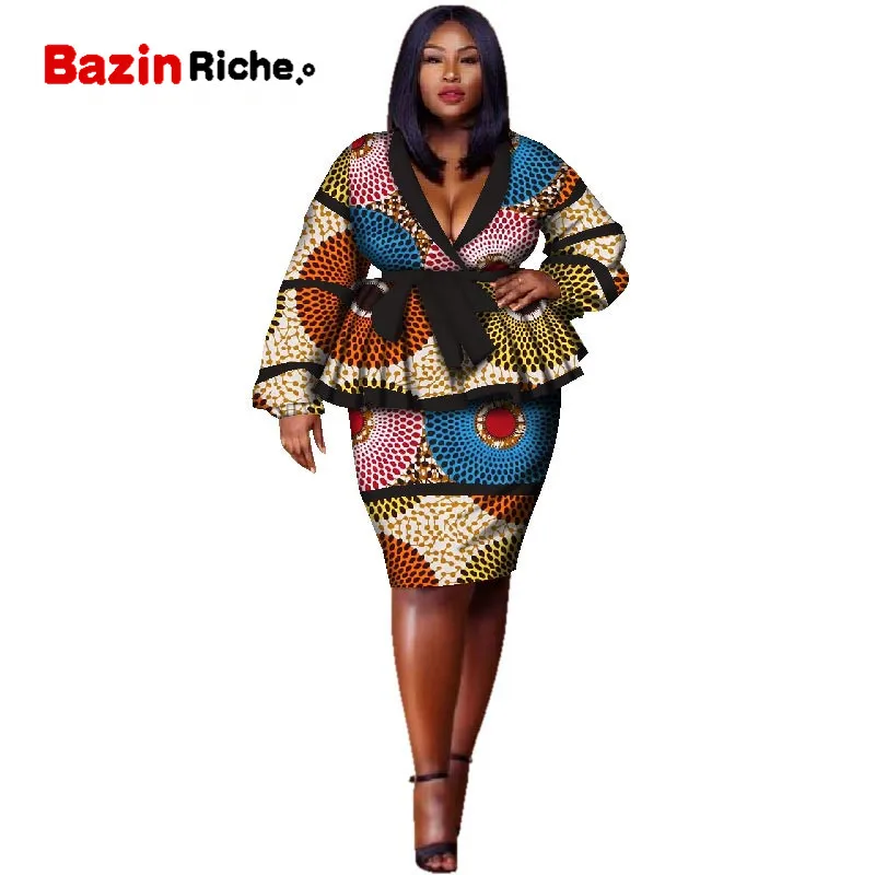 Plus Size Top and Straight Skirt Sets African Wax Print 2 Pieces Skirt Set for Women Bazin Riche African Style Clothing WY2858