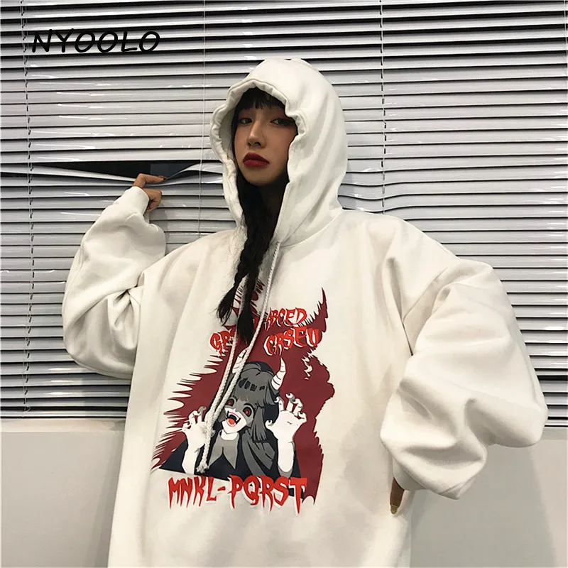 NYOOLO Harajuku аниме любителей Аватар буквы печати теплые толстовки повседневные уличные пуловеры с капюшоном плюс бархатная Толстовка для женщин и мужчин - Цвет: white color girl