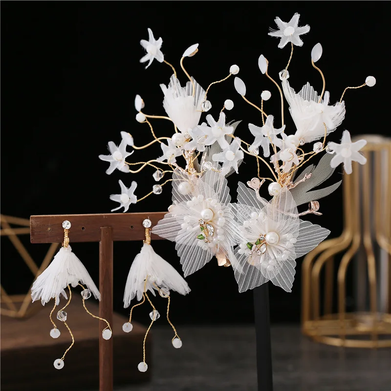 Beautiful Silk Yarn Flower dreamy Earrings Exterior Style headband Wedding hair accessories for bride