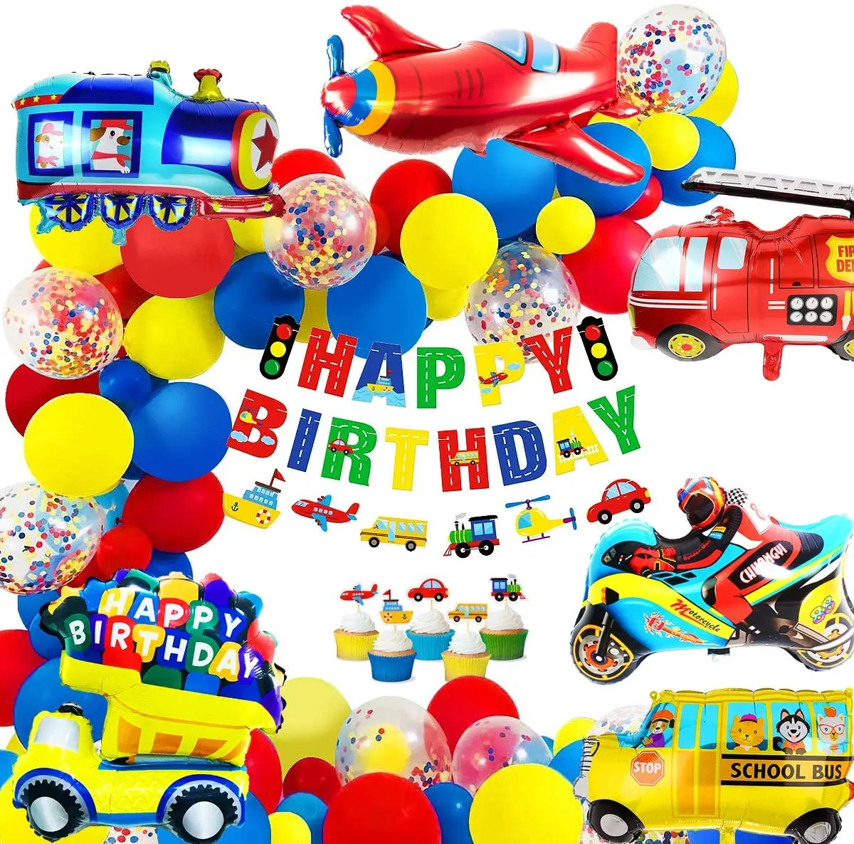 Description Picture 2 of itemBirthday Decoration for boys Happy Birthday Banner Cars School Bus Train Fire Truck Motorcycle Plane Balloons Transport Vehicles