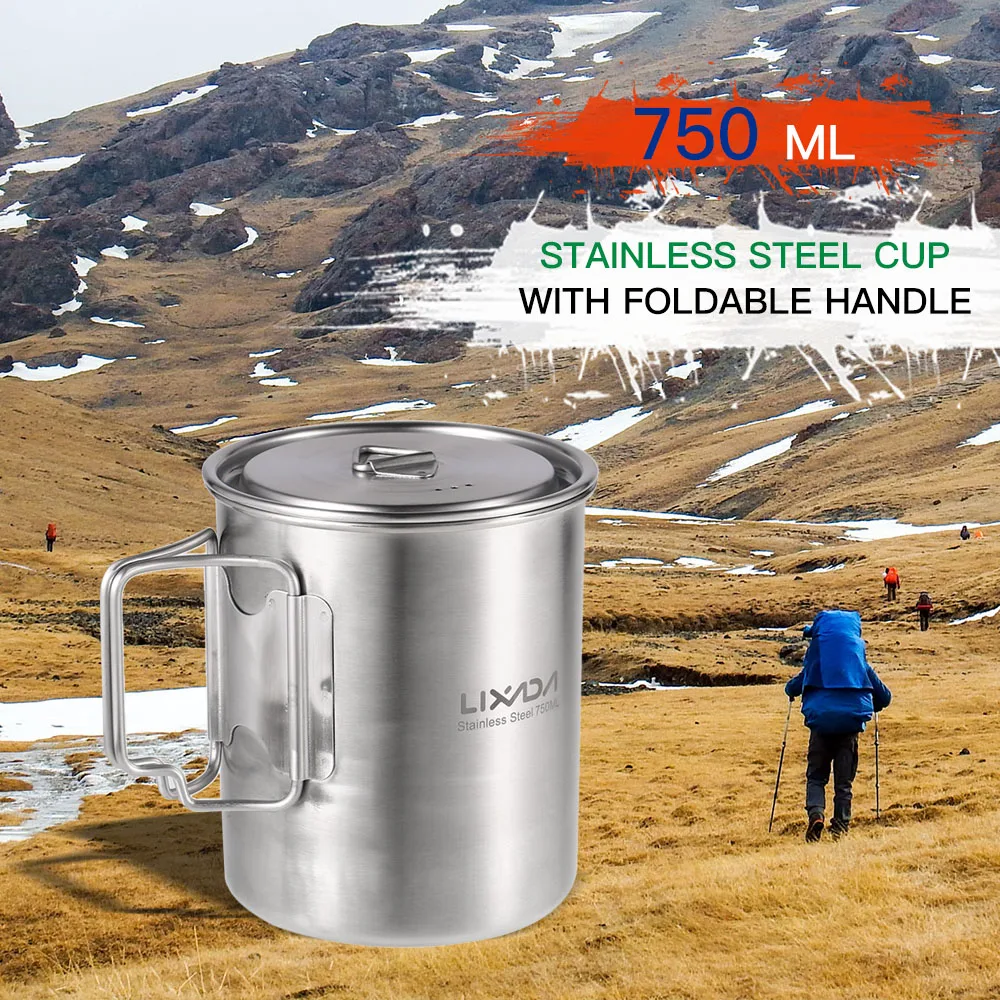 Lixada 750 мл чашка/горшок для воды из нержавеющей стали, кружка со складными ручками и крышкой для кемпинга, пешего туризма, альпинизма