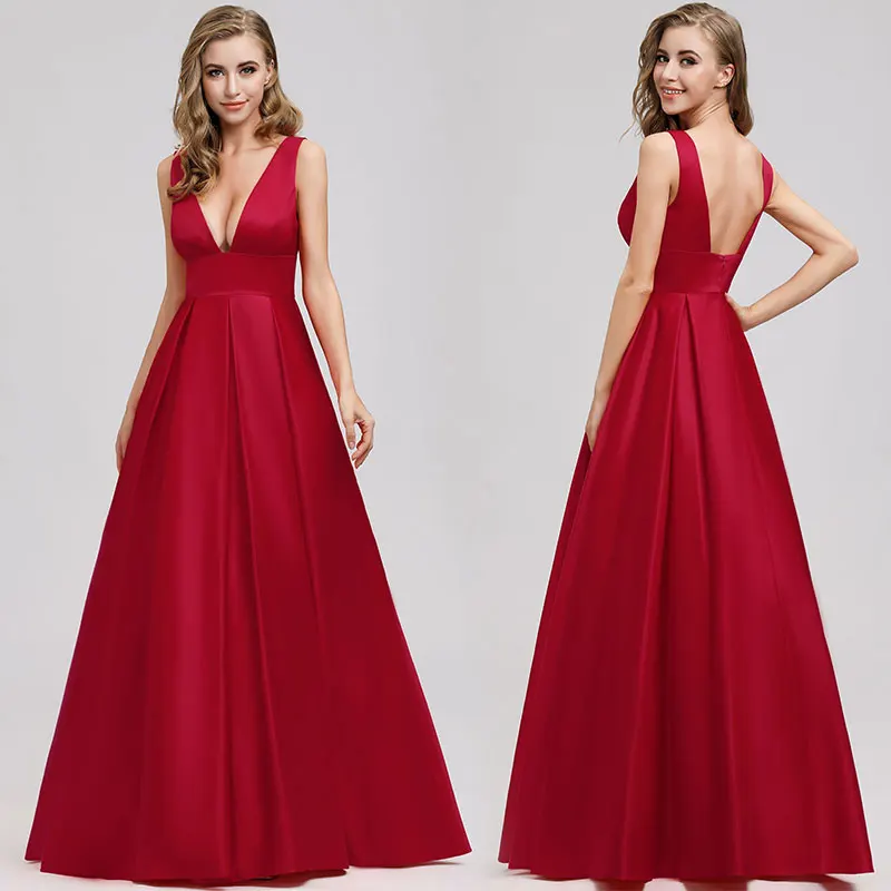 

Elegant Red Evening Dresses Long Queen Abby A-Line Double V-Neck Satin Sexy Formal Dresses Sparkle Party Gowns 2019