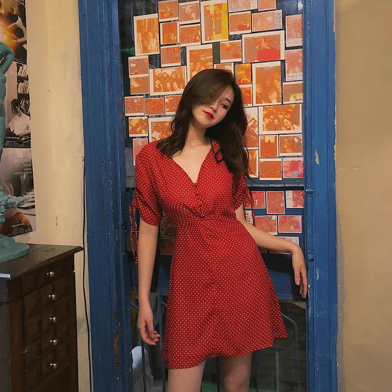 

Photo Shoot 2019 Spring Summer WOMEN'S Dress Korean-style Slimming Retro Short Sleeve Polka Dot Sleeve Tighten Design V-neck Dre