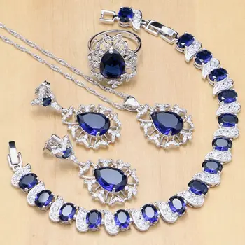 

Hyperbole Blue Zircon Stone White CZ 925 Sterling Silver Jewelry Sets For Women Wedding Earrings/Pendant/Necklace/Rings/Bracelet