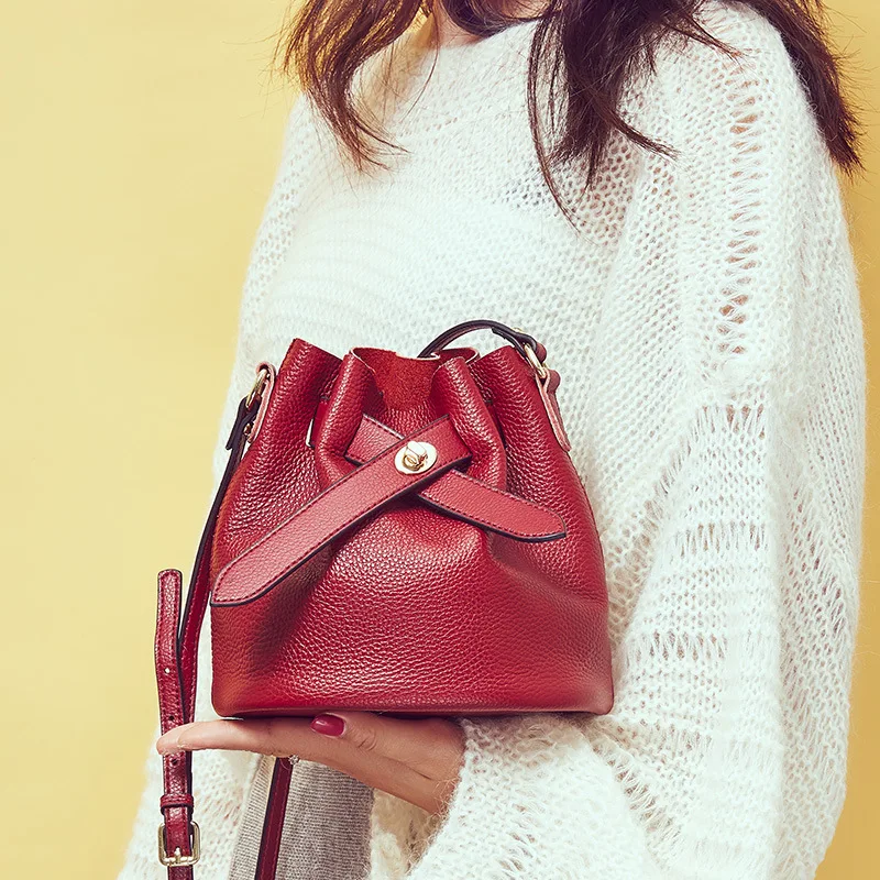 Leather Bucket Bag 2019 New Fashion One Shoulder Lychee Pattern Slant Across Women's | Багаж и сумки